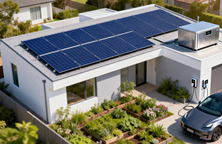 Modern house with solar panels and EV