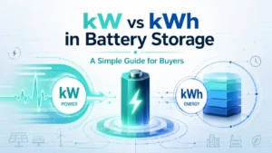 Diagram comparing battery power in kilowatts with stored energy in kilowatt-hours for residential and commercial solar storage.
